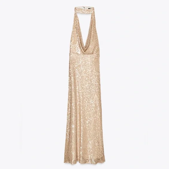 Zara NWT light pink & beige sequin halter top cowl neck formal maxi dress - Picture 14 of 15